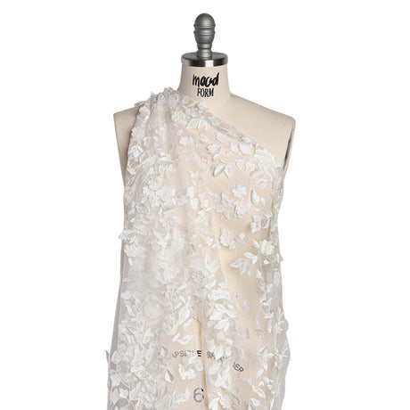 Embroidered 3D Lace with Clear Baby Sequins - White Floral Vines