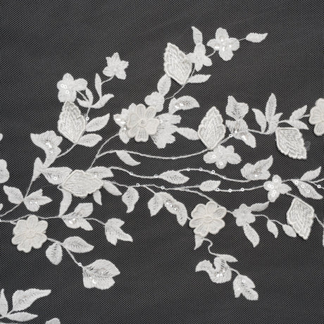 Embroidered 3D Lace with Clear Baby Sequins - White Floral Vines
