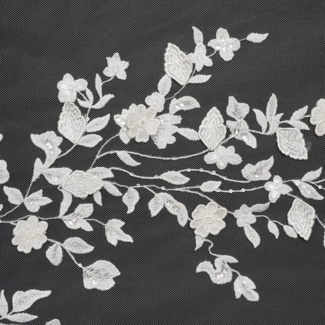 Embroidered 3D Lace with Clear Baby Sequins - White Floral Vines