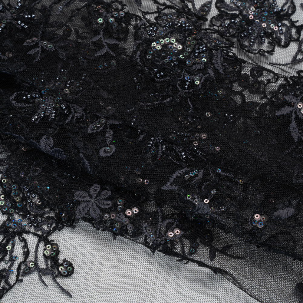 Embroidered and Beaded Lace with Holographic Sequins - Black and Gray Rose Garden
