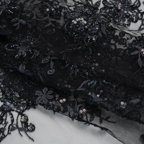 Embroidered and Beaded Lace with Holographic Sequins - Black and Gray Rose Garden