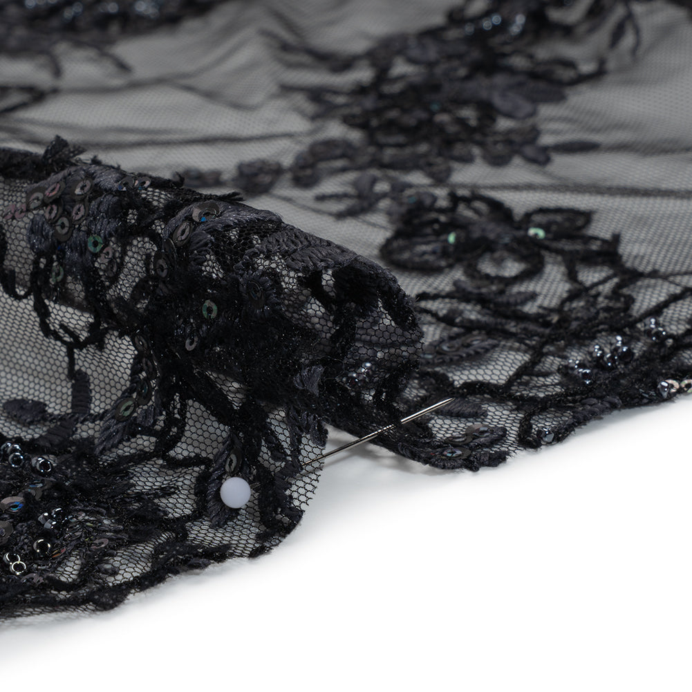 Embroidered and Beaded Lace with Holographic Sequins - Black and Gray Rose Garden