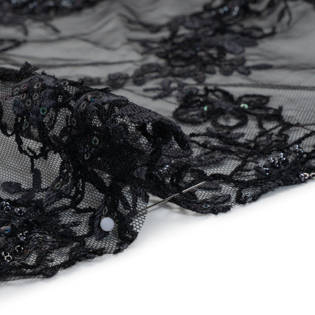 Embroidered and Beaded Lace with Holographic Sequins - Black and Gray Rose Garden