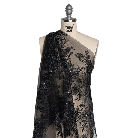Embroidered and Beaded Lace with Holographic Sequins - Black and Gray Rose Garden