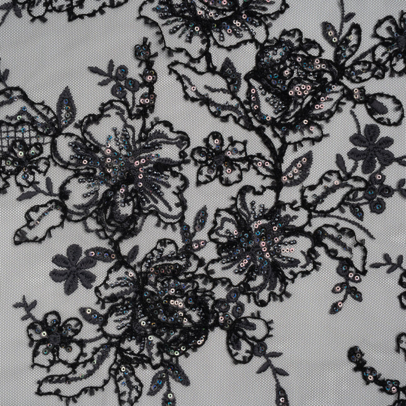 Embroidered and Beaded Lace with Holographic Sequins - Black and Gray Rose Garden
