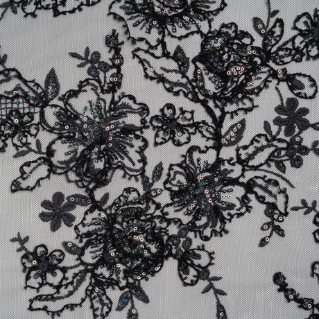 Embroidered and Beaded Lace with Holographic Sequins - Black and Gray Rose Garden