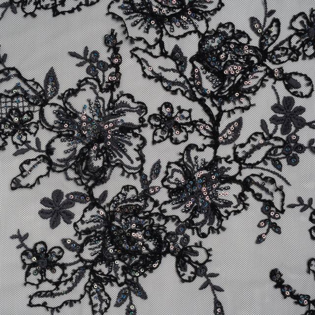 Embroidered and Beaded Lace with Holographic Sequins - Black and Gray Rose Garden