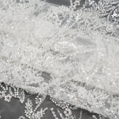 Beaded and Sequined Lace - White Leafy Border