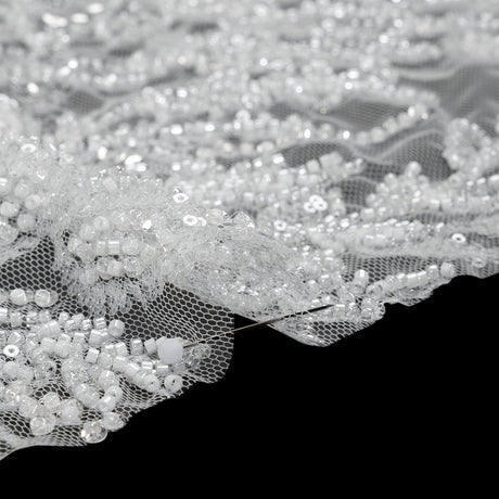 Beaded and Sequined Lace - White Leafy Border