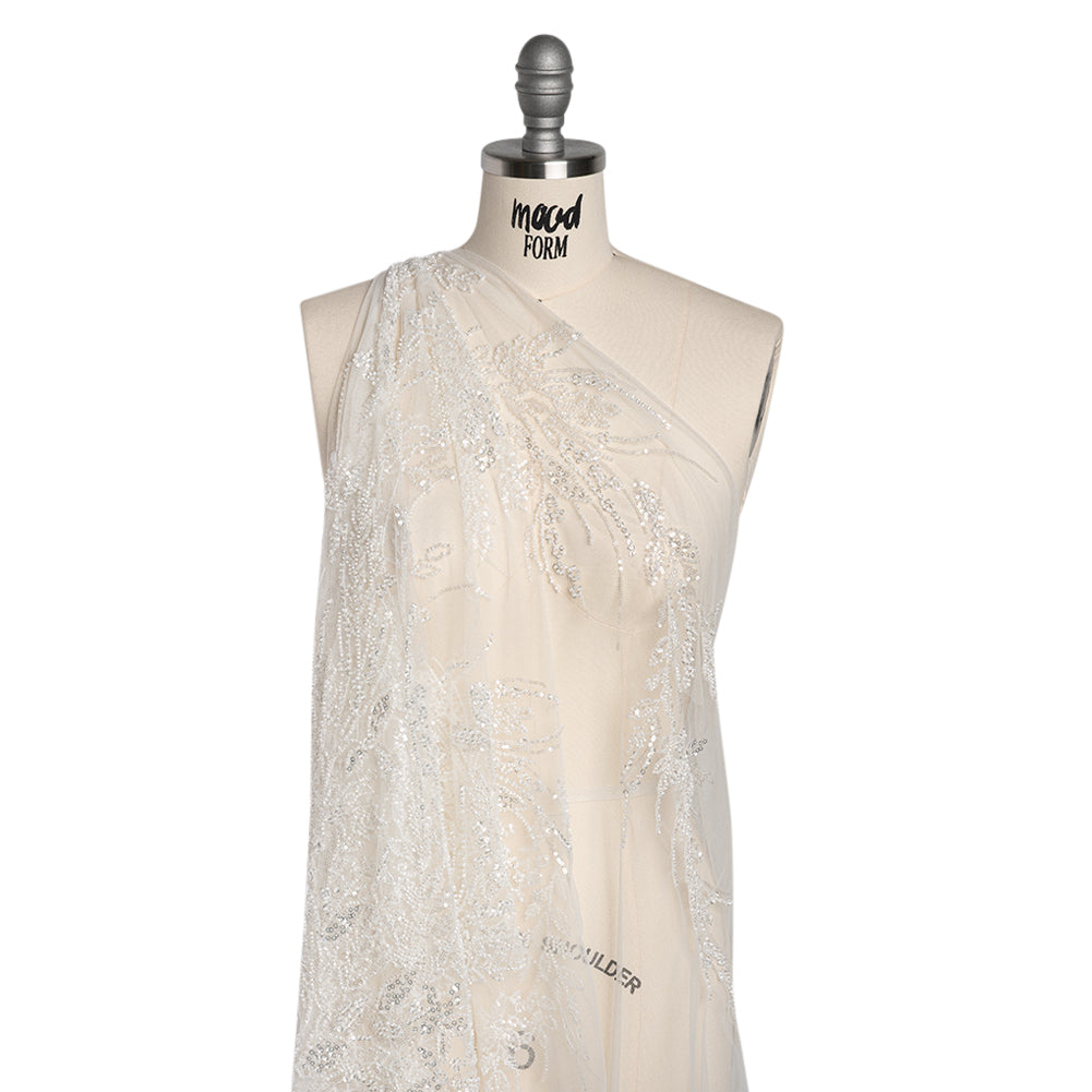Beaded and Sequined Lace - White Leafy Border