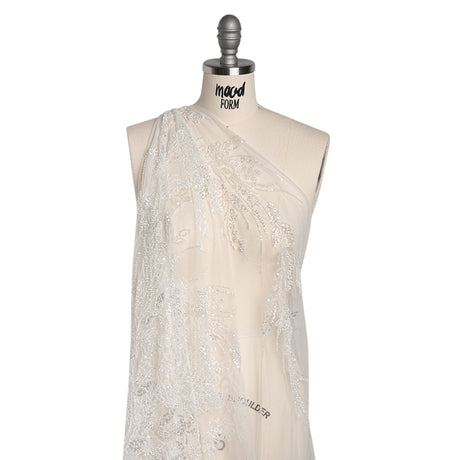 Beaded and Sequined Lace - White Leafy Border