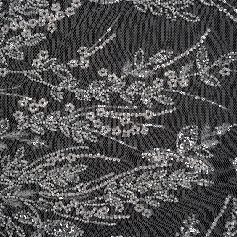 Beaded and Sequined Lace - White Leafy Border