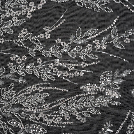Beaded and Sequined Lace - White Leafy Border