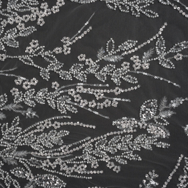 Beaded and Sequined Lace - White Leafy Border