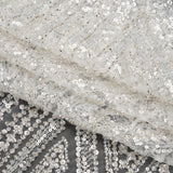Beaded and Sequined Lace - White and Silver Geometric