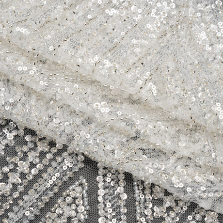 Beaded and Sequined Lace - White and Silver Geometric
