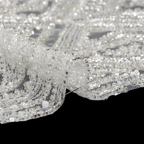 Beaded and Sequined Lace - White and Silver Geometric