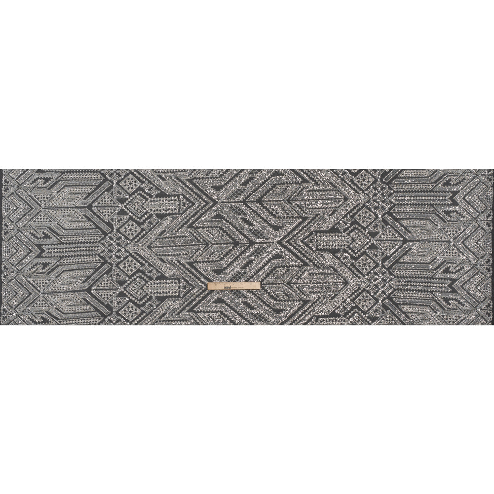 Beaded and Sequined Lace - White and Silver Geometric