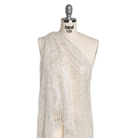 Beaded and Sequined Lace - White and Silver Geometric