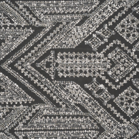 Beaded and Sequined Lace - White and Silver Geometric