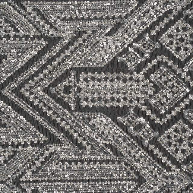 Beaded and Sequined Lace - White and Silver Geometric