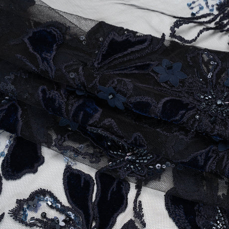 Embroidered 3D Lace with Beading and Velvet Applique - Navy Blue Floral