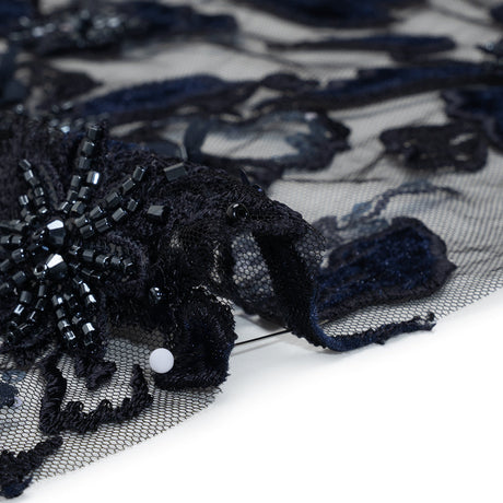 Embroidered 3D Lace with Beading and Velvet Applique - Navy Blue Floral