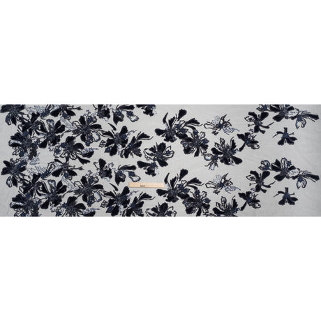 Embroidered 3D Lace with Beading and Velvet Applique - Navy Blue Floral