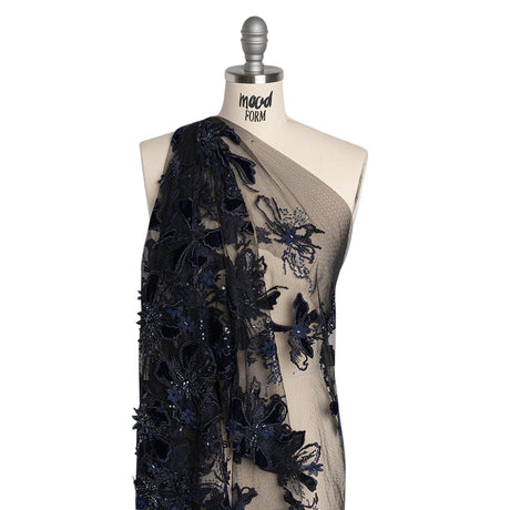 Embroidered 3D Lace with Beading and Velvet Applique - Navy Blue Floral
