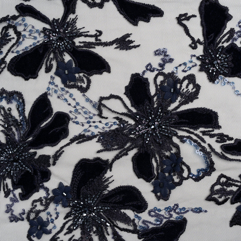Embroidered 3D Lace with Beading and Velvet Applique - Navy Blue Floral