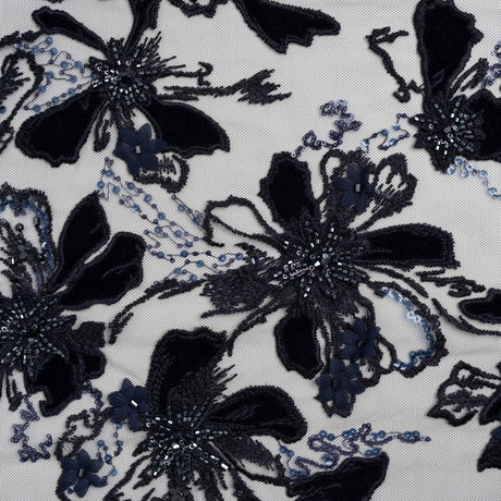 Embroidered 3D Lace with Beading and Velvet Applique - Navy Blue Floral