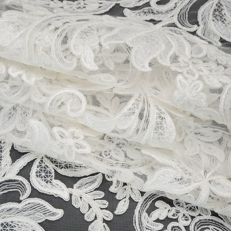 Embroidered Corded Lace with Finished Edges - Ivory Floral Scrolls