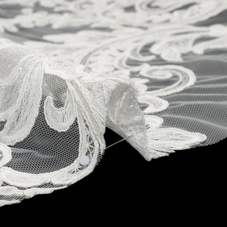 Embroidered Corded Lace with Finished Edges - Ivory Floral Scrolls