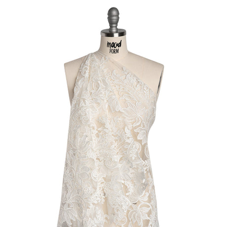 Embroidered Corded Lace with Finished Edges - Ivory Floral Scrolls