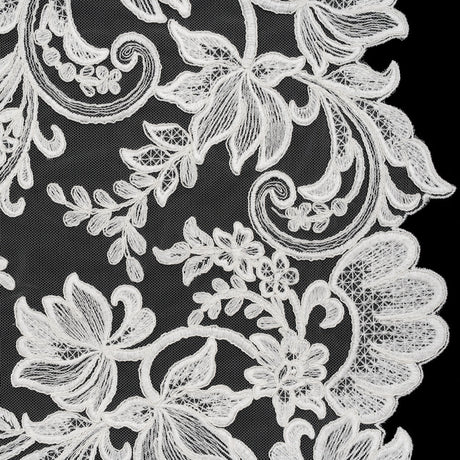 Embroidered Corded Lace with Finished Edges - Ivory Floral Scrolls