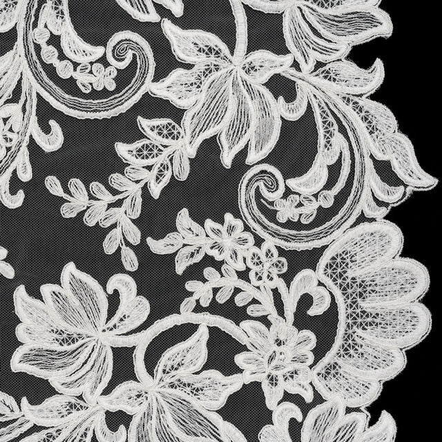 Embroidered Corded Lace with Finished Edges - Ivory Floral Scrolls