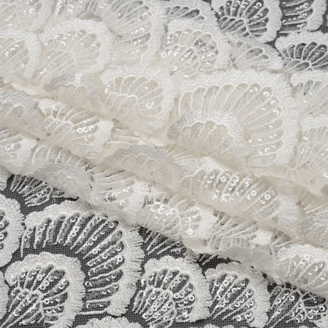 Embroidered Lace with Clear Baby Sequins - Ivory Fringed Petal-Like Scales