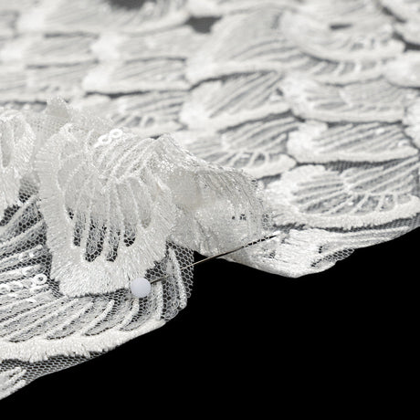 Embroidered Lace with Clear Baby Sequins - Ivory Fringed Petal-Like Scales