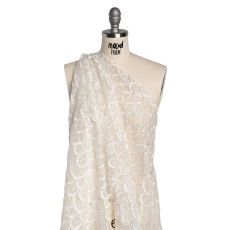 Embroidered Lace with Clear Baby Sequins - Ivory Fringed Petal-Like Scales
