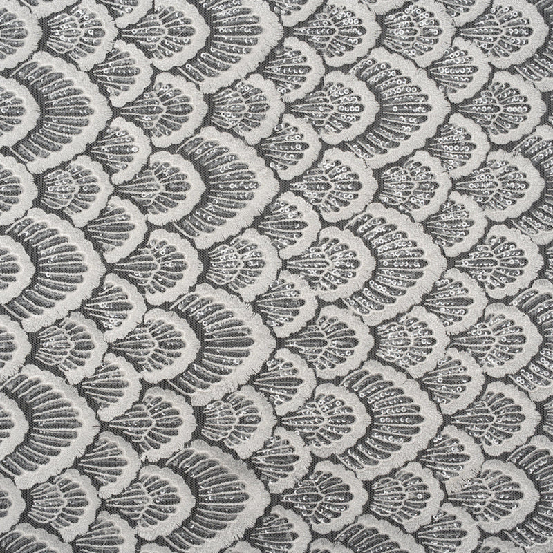 Embroidered Lace with Clear Baby Sequins - Ivory Fringed Petal-Like Scales