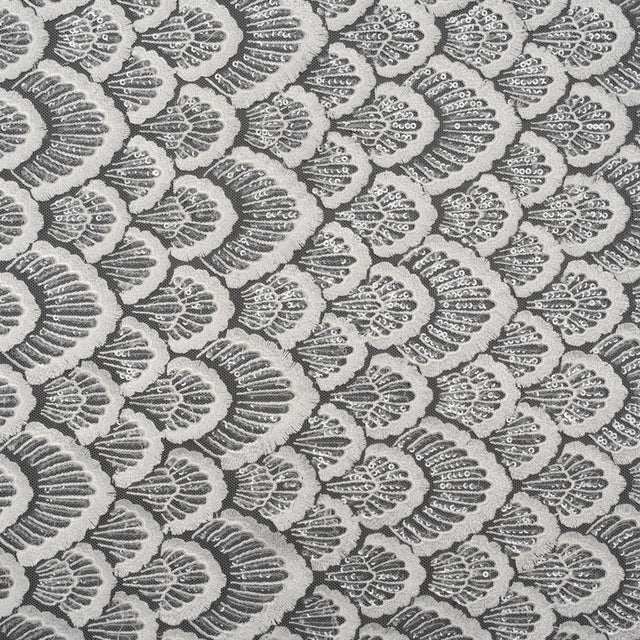 Embroidered Lace with Clear Baby Sequins - Ivory Fringed Petal-Like Scales