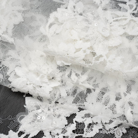 3D Fabric Flowers Embroidered Lace with Sequins and Finished Edges - Off White Floral