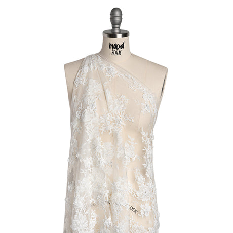 3D Fabric Flowers Embroidered Lace with Sequins and Finished Edges - Off White Floral