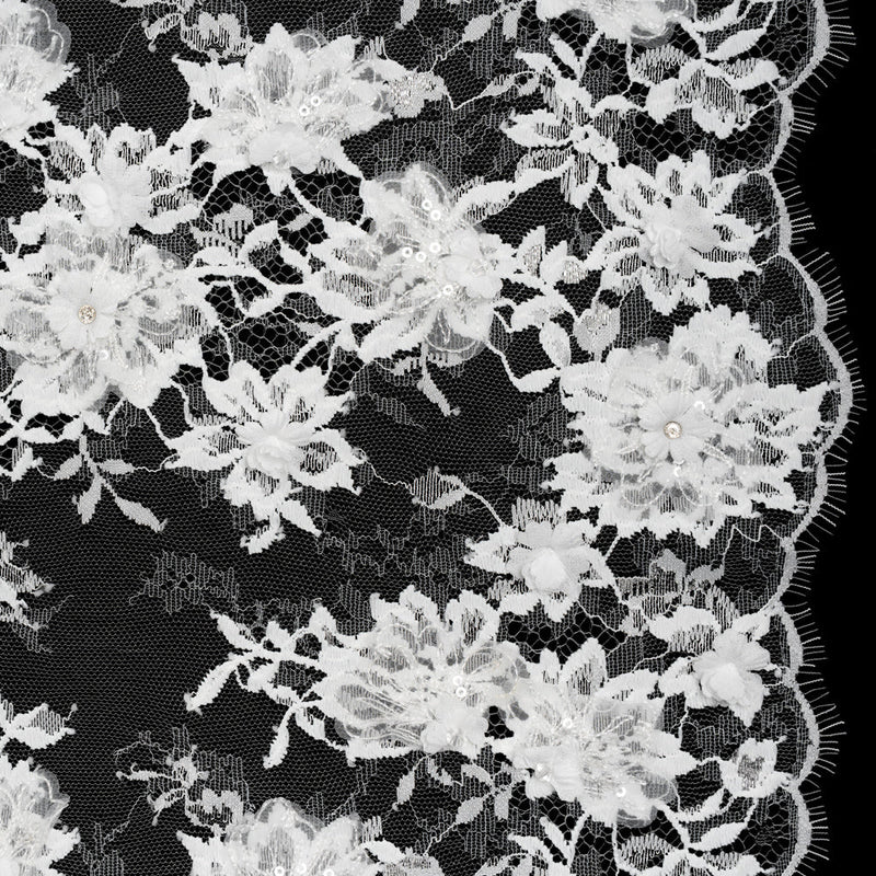 3D Fabric Flowers Embroidered Lace with Sequins and Finished Edges - Off White Floral