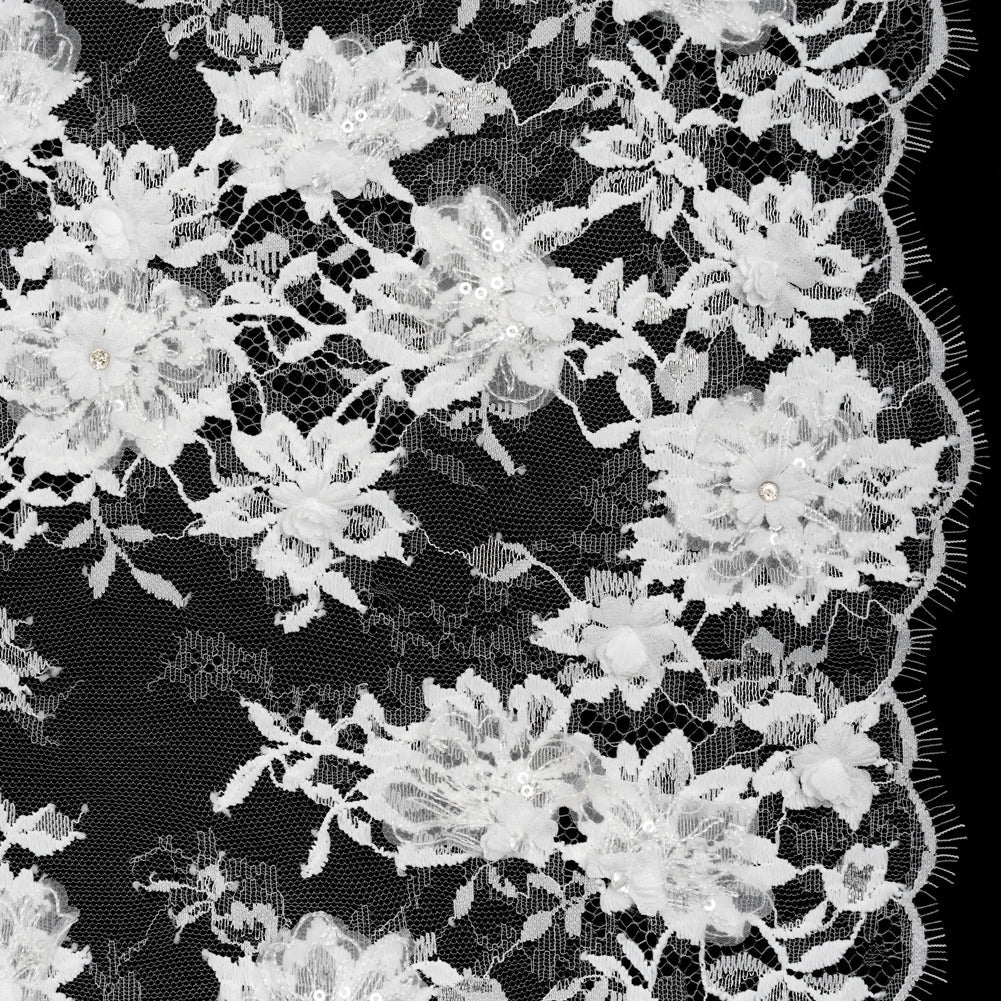 3D Fabric Flowers Embroidered Lace with Sequins and Finished Edges - Off White Floral