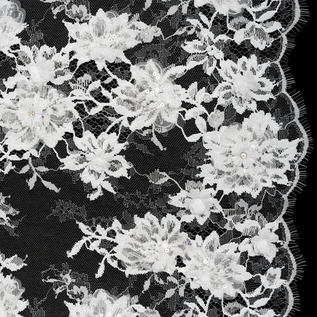 3D Fabric Flowers Embroidered Lace with Sequins and Finished Edges - Off White Floral