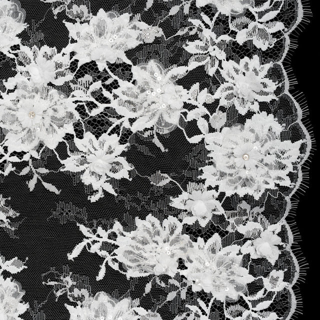 3D Fabric Flowers Embroidered Lace with Sequins and Finished Edges - Off White Floral