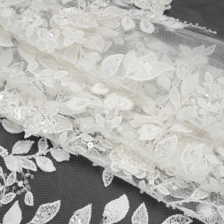 Embroidered 3D Lace with Beads and Sequins - White Floral Vines