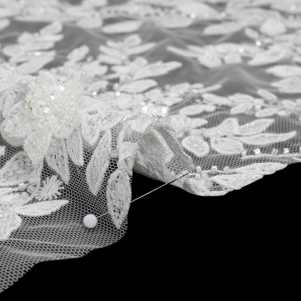 Embroidered 3D Lace with Beads and Sequins - White Floral Vines