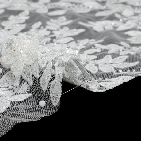 Embroidered 3D Lace with Beads and Sequins - White Floral Vines